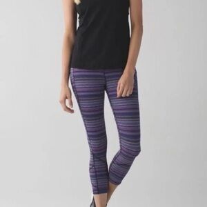 Lululemon Pace Rival Striped Purple Athletic Crop Leggings Side Pockets Size 8